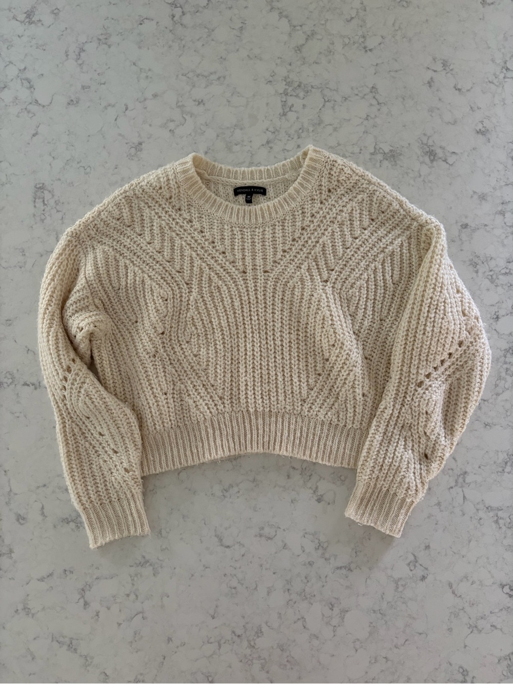 Kendall & Kylie Cream Cable Knit Cropped Sweater